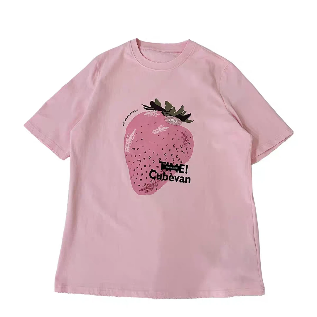 夏季长款遮肉短袖T恤圆领大草莓印花休闲宽松