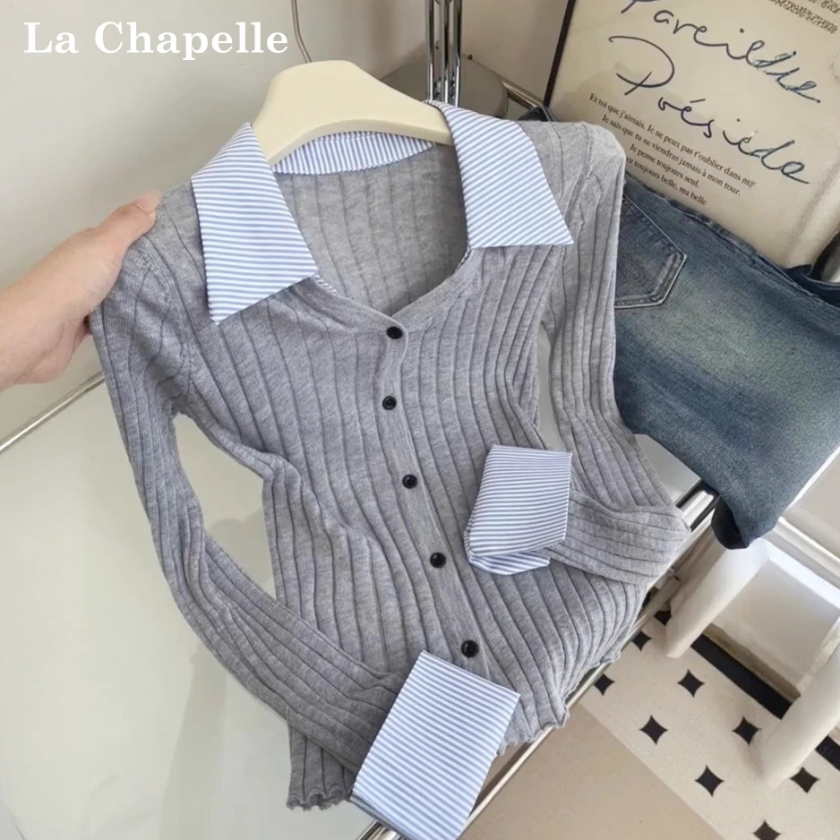 拉夏贝尔2025气质条纹拼接翻领针织衫上衣女秋冬修身显瘦开衫毛衣
