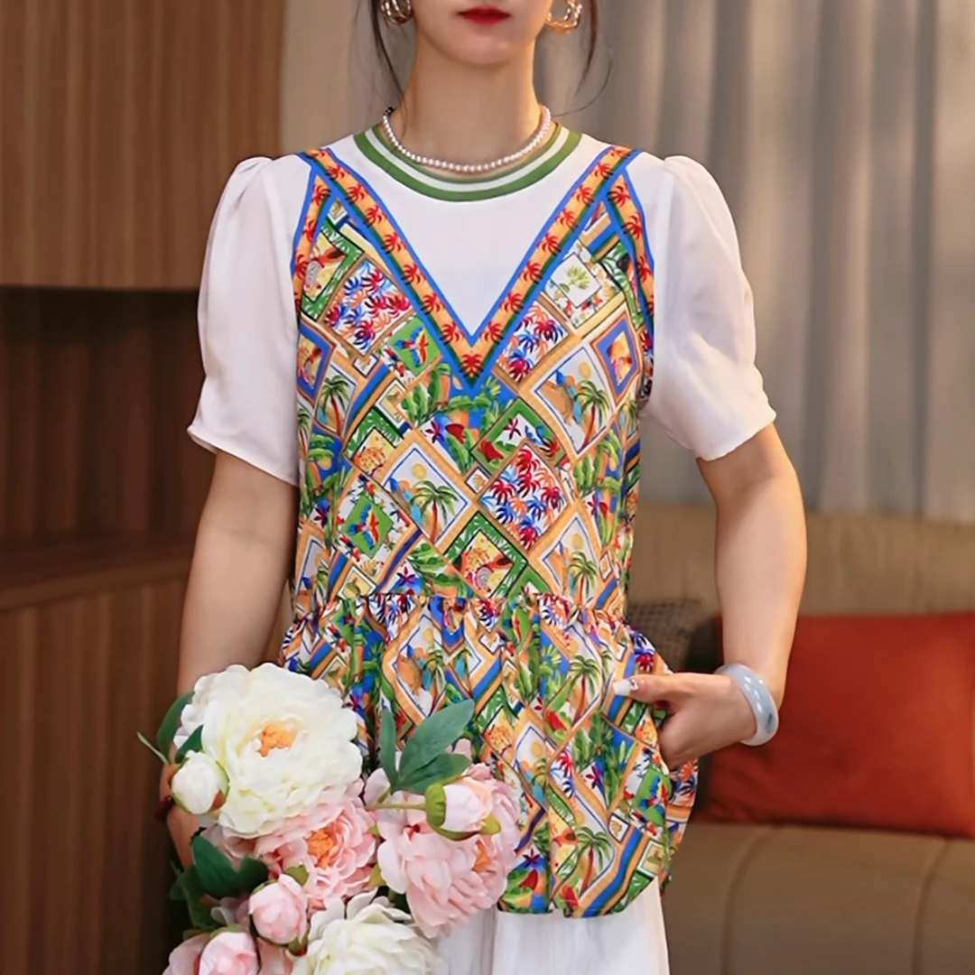 2025时尚百搭宽松印花条纹设计感显瘦撞色T恤披肩款休闲