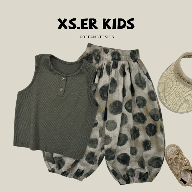 儿童夏款套装复古森系纯色背心裤子满印圆点防蚊裤夏季休闲两件套