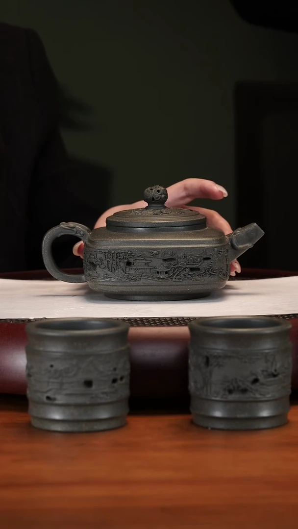 【闪购商品】紫砂茶壶2-19LCH镂空江南烟雨套组老绿泥