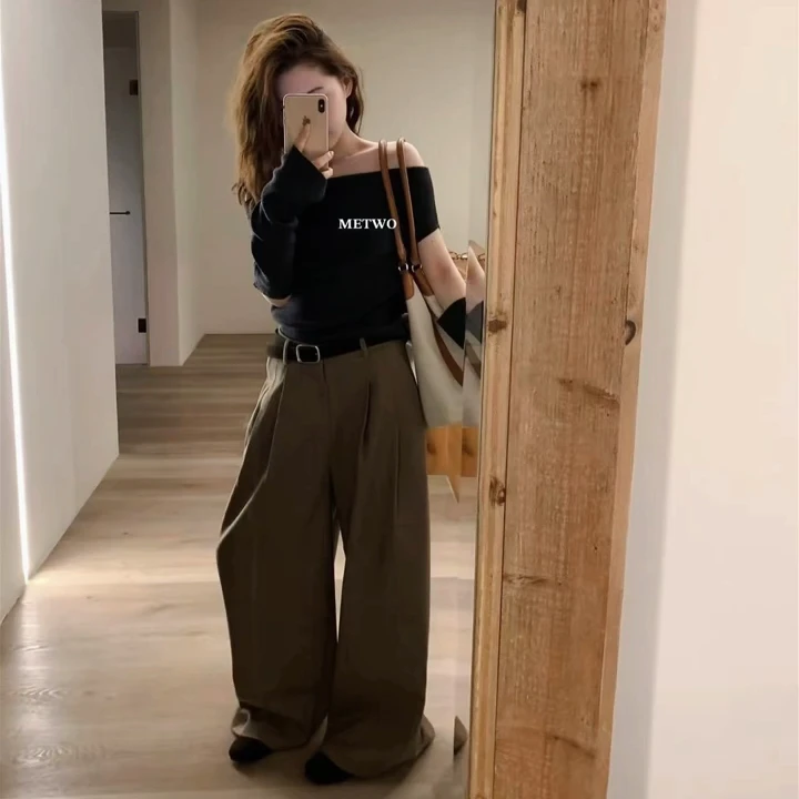 针织一字肩常规袖网红性感毛针织衫打底时尚套装宽松长裤外穿百搭