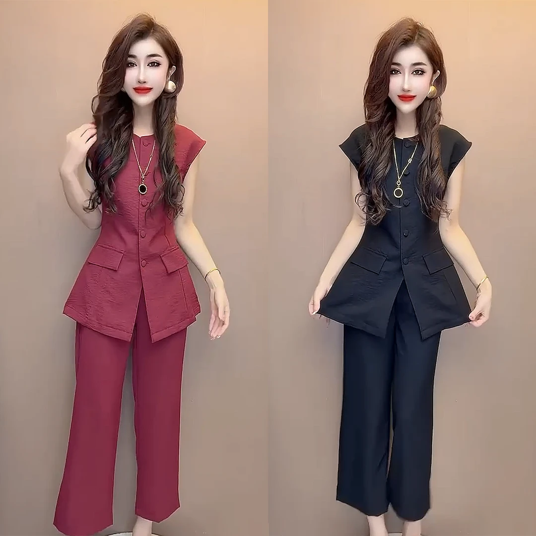 夏季新款时尚百搭轻奢气质优雅包袖上衣+裤子两件套 修身减龄套装