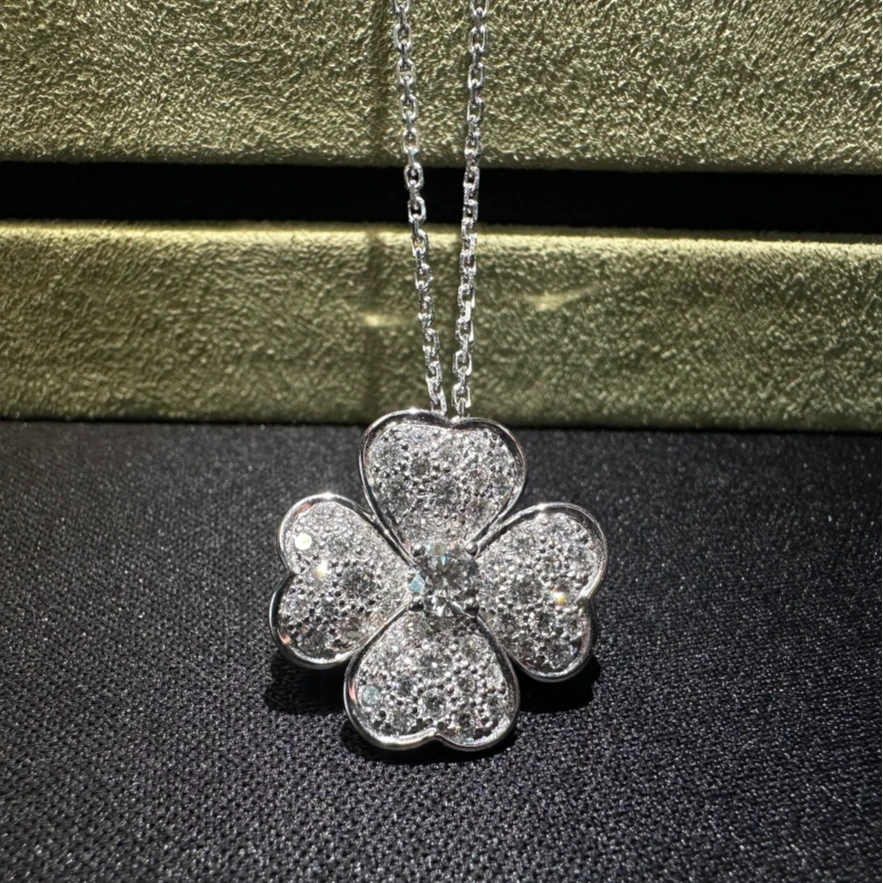 99新 梵克雅宝 小花6珊 白金满钻四叶草胸针 项链 两用