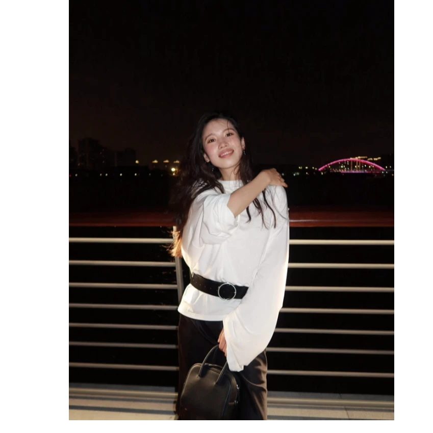 2025春季新款纯欲性感露背荡领白色长袖T恤宽松显瘦上衣半身裙女