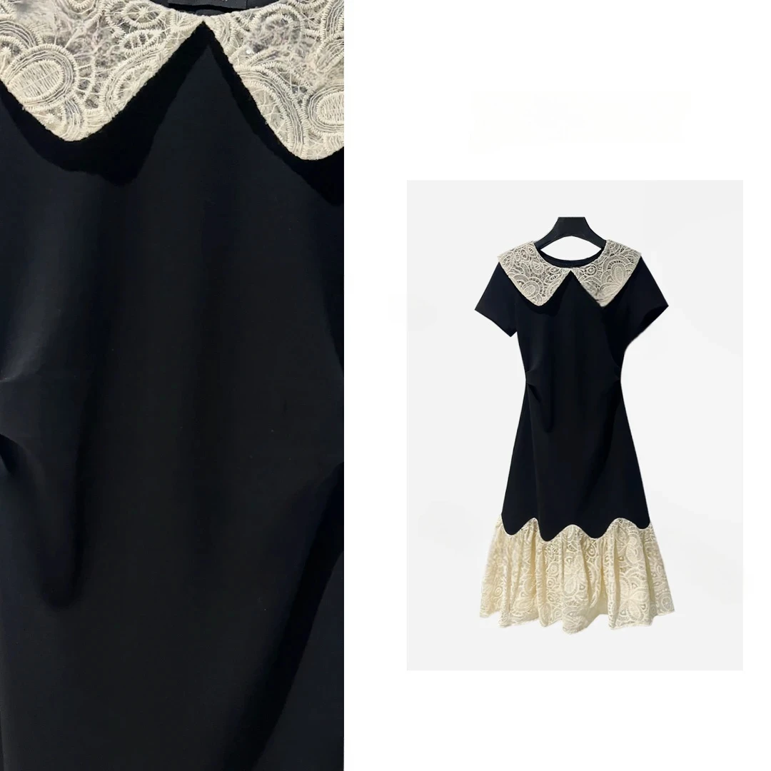 轻奢舒适拼接短袖A字高腰显瘦黑色法式小众连衣裙