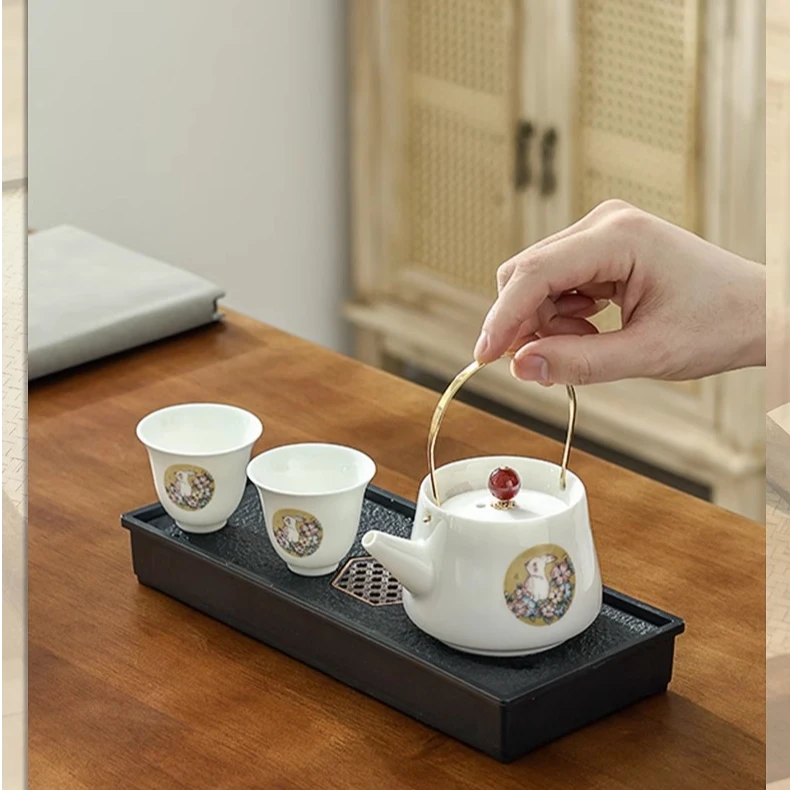 羊脂玉白瓷提梁壶套装创意家用陶瓷功夫茶壶简约设计C561