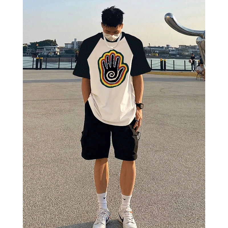 特大码300斤插肩短袖t恤男夏季潮牌纯棉拼接半袖上衣美式高街撞色