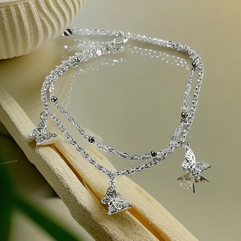 足银脚链 双层蝴蝶优雅百搭时尚脚链
