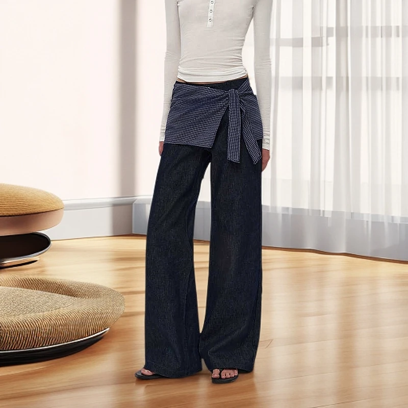 原牛叠穿假两件方巾格纹绑带直筒牛仔裤女2025年春设计感拖地长裤