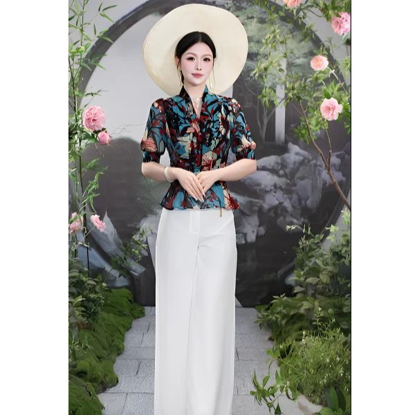 SUSSI/古色25夏季新款时尚显瘦气质V领交插领中长袖印花上衣