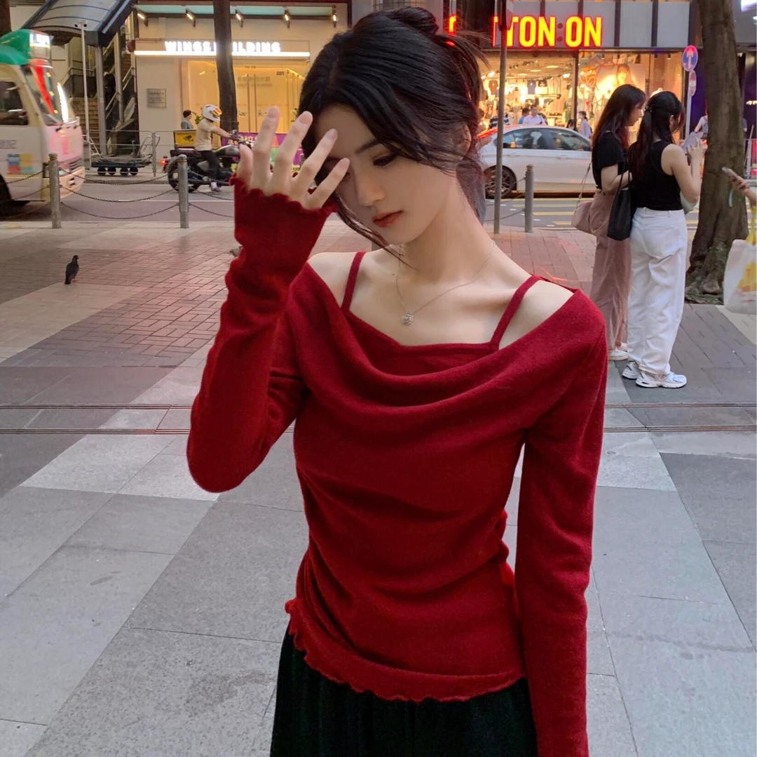 秋季洋气高级感外穿假两件红色打底毛衣露肩针织衫女内搭气质上衣