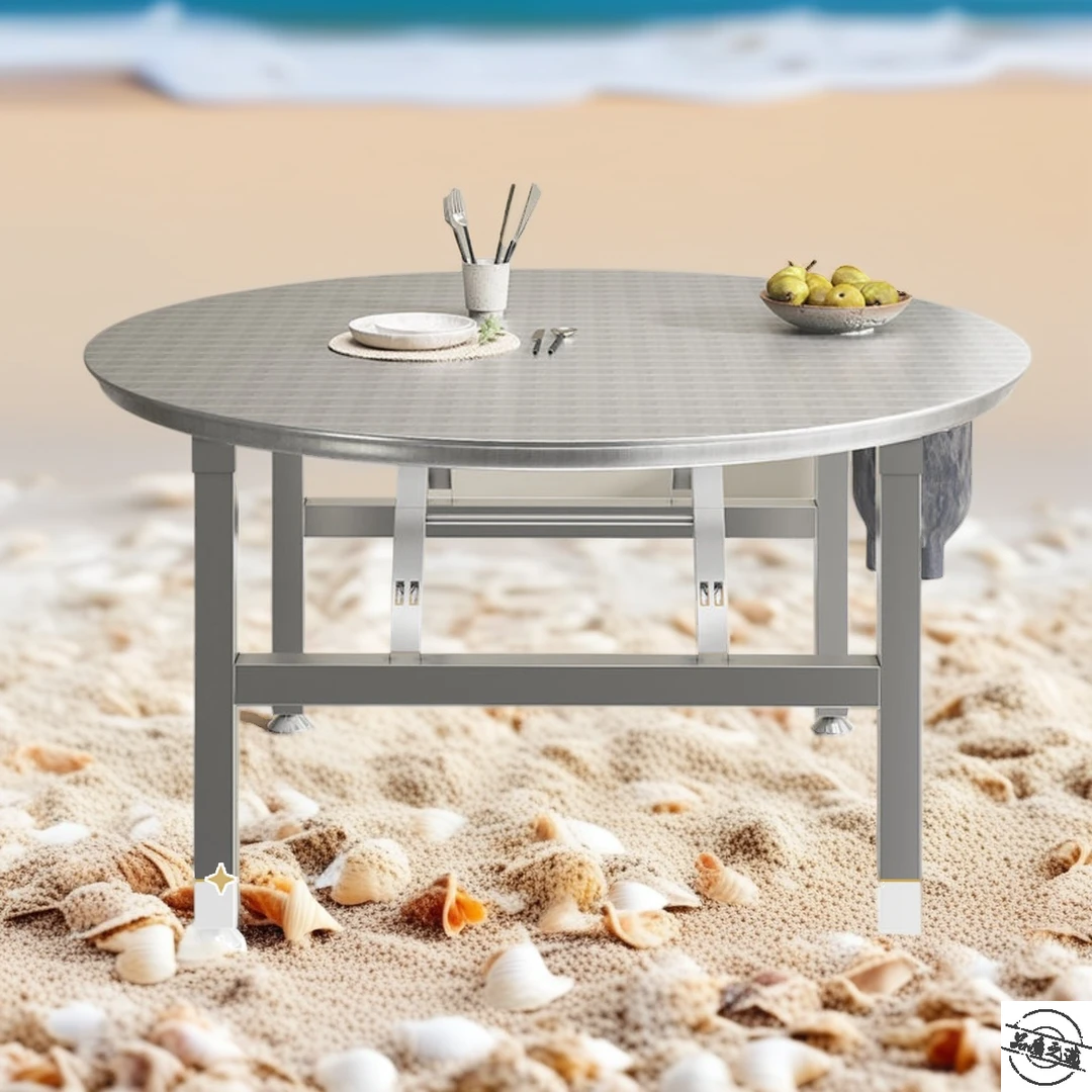 可折叠夜宵烧烤大圆桌食堂加厚不锈钢餐桌折叠圆桌酒席饭桌子简约