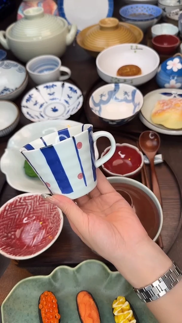 瓷手工手绘蓝线条咖啡杯水杯