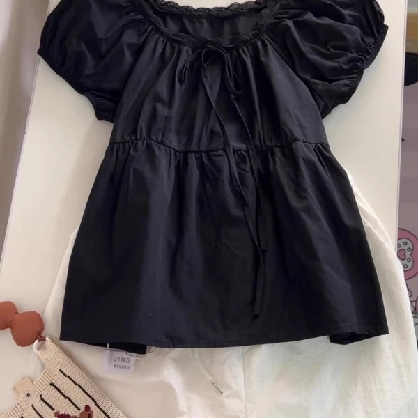 2025宽松减龄黑色泡泡袖洋气衬衫小个子时尚气质领法式小衫上衣夏
