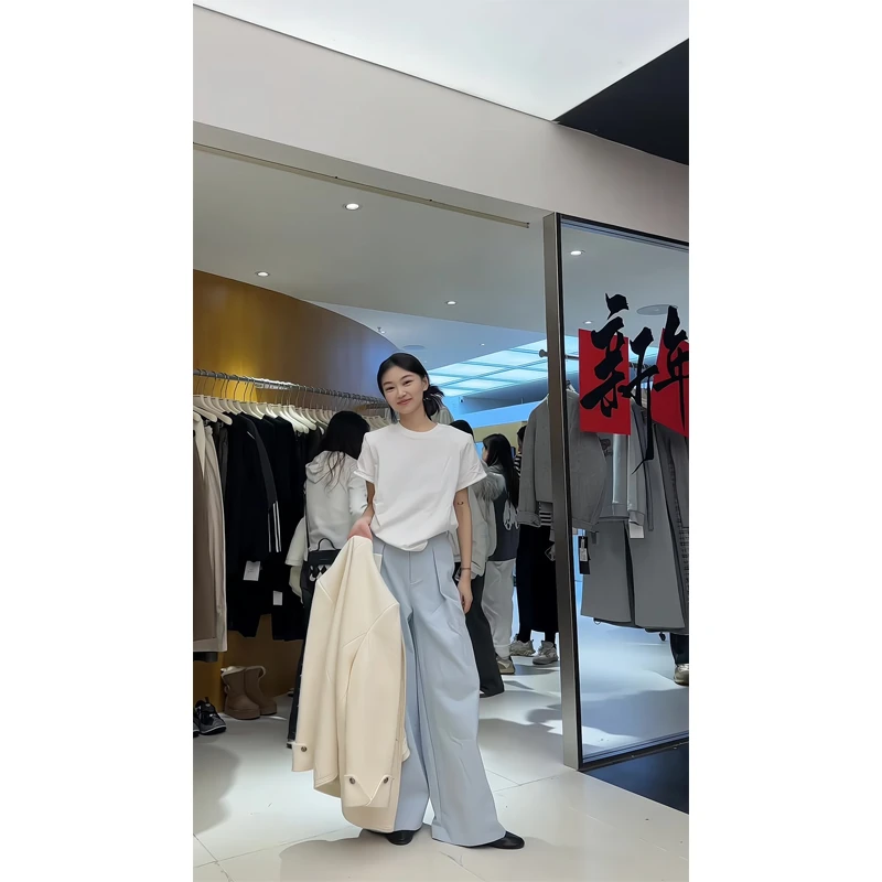 时尚百搭白色正肩短袖t恤圆领上衣直筒拖地长裤子高腰阔腿休闲裤