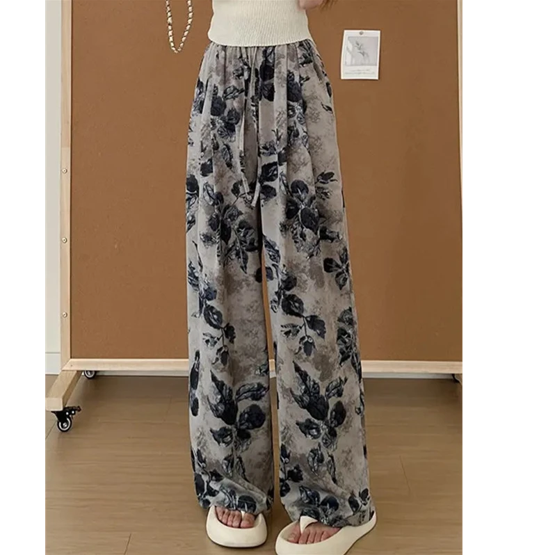 三色复古印花休闲裤女夏季新款松紧腰显瘦气质洋气百搭直筒阔腿裤