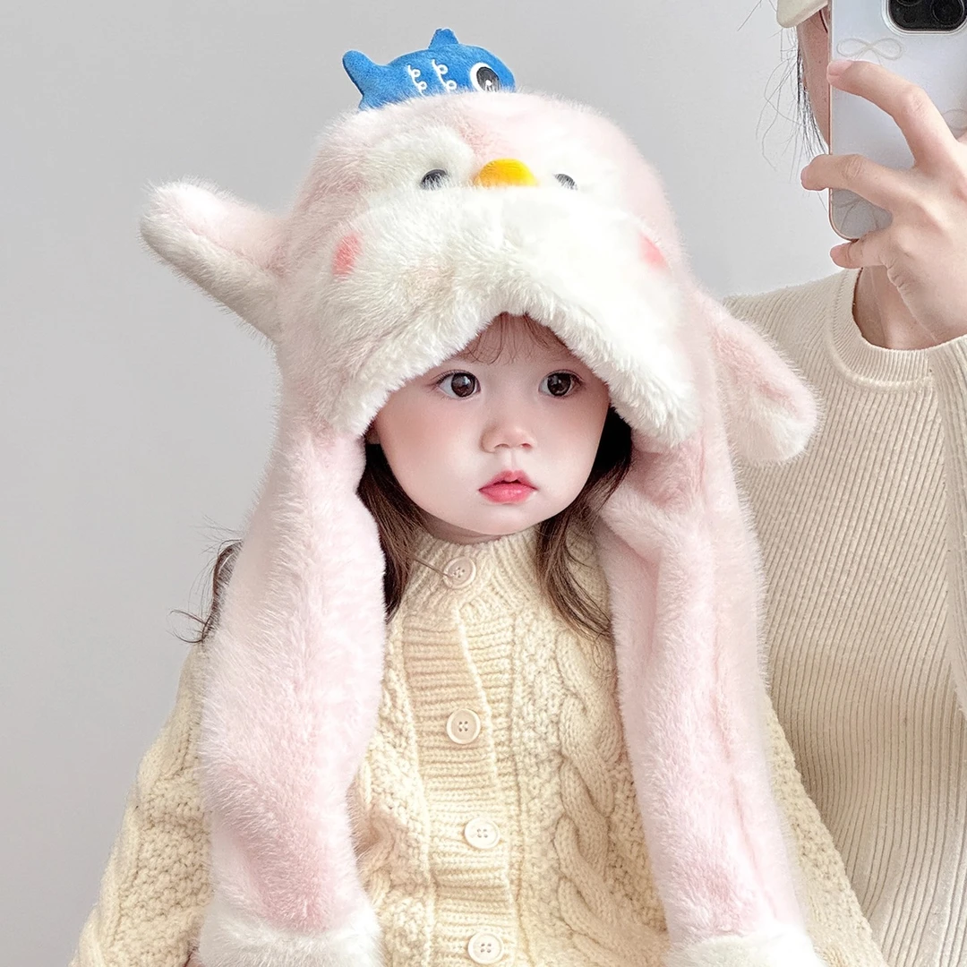 儿童帽子围巾一体会动耳朵两件套男女宝宝秋冬季保暖加厚毛绒帽潮