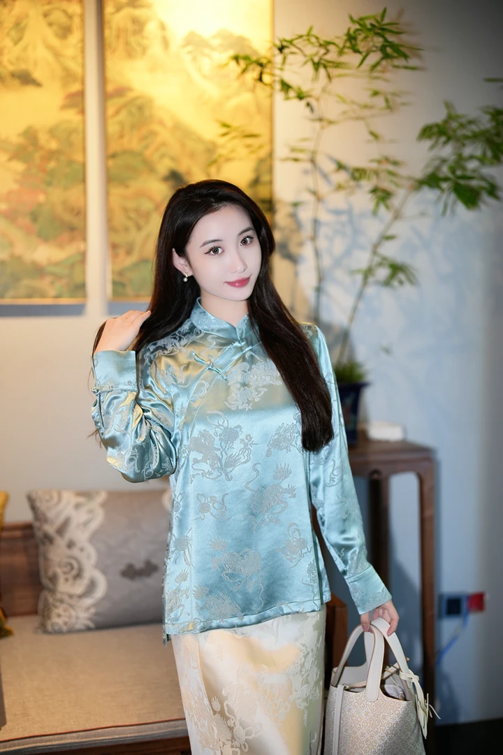 蓝大【琤然】新中式桑蚕丝衬衫上衣7536