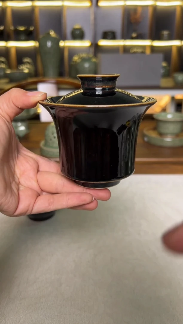 陶瓷耀州窑原矿黒釉马蹄两财盖碗特价