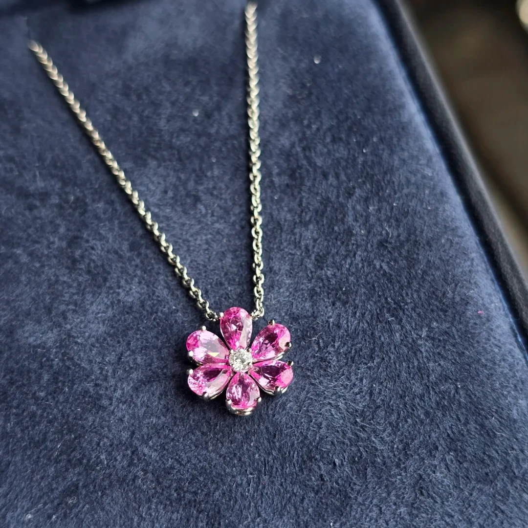 99新 Harry Winston/海瑞温斯顿 小花6欢 勿忘我 粉色蓝宝项链