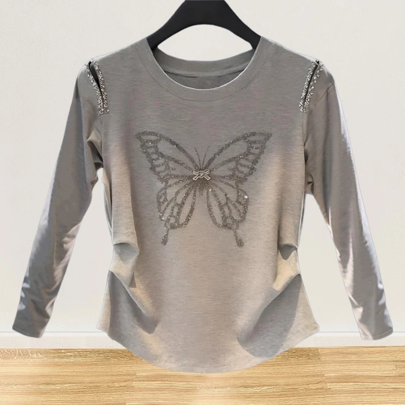 钉珠时尚设计感蝴蝶烫钻长袖T恤打底衫上衣538