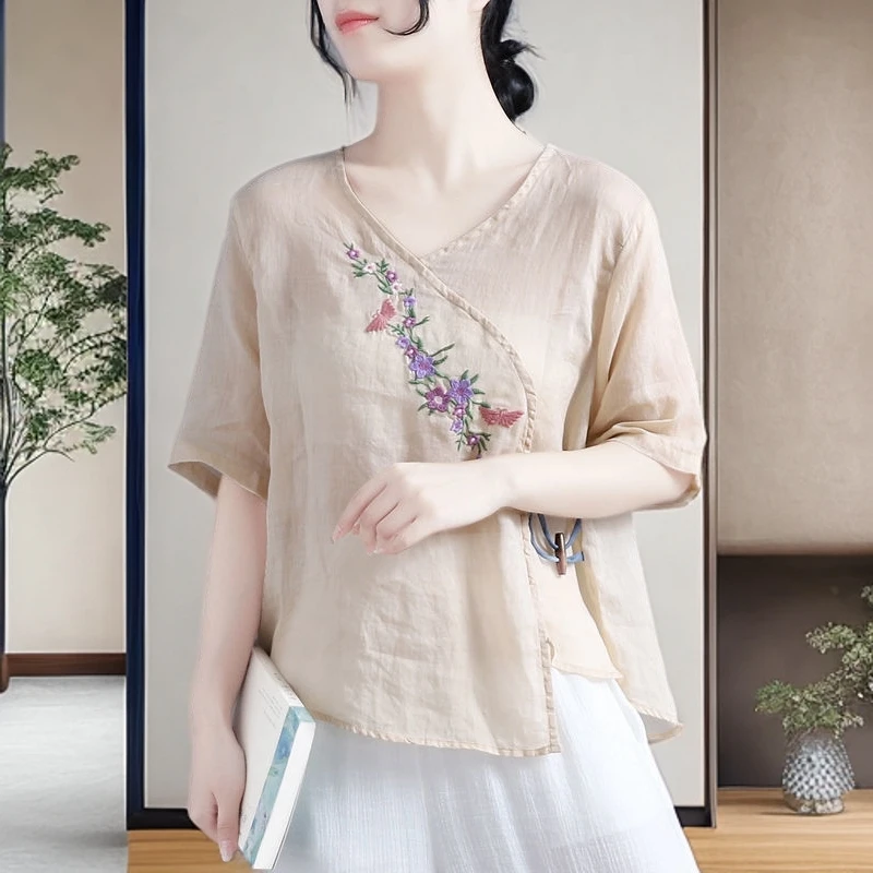 刺绣极简风衬衫七分袖棉麻上衣显瘦女装茶服御姐风中国风复古宽松