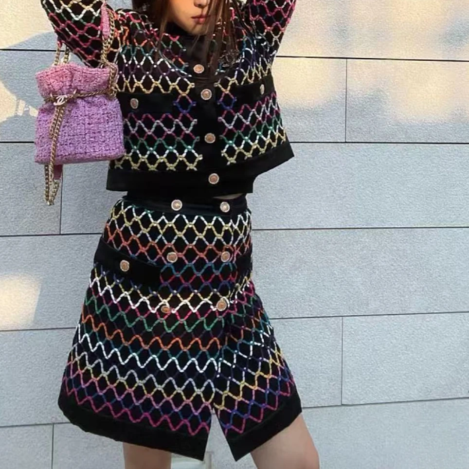 99新 Chanel/香奈儿 SS22 图案满印双排扣小香风短裤裙 36码