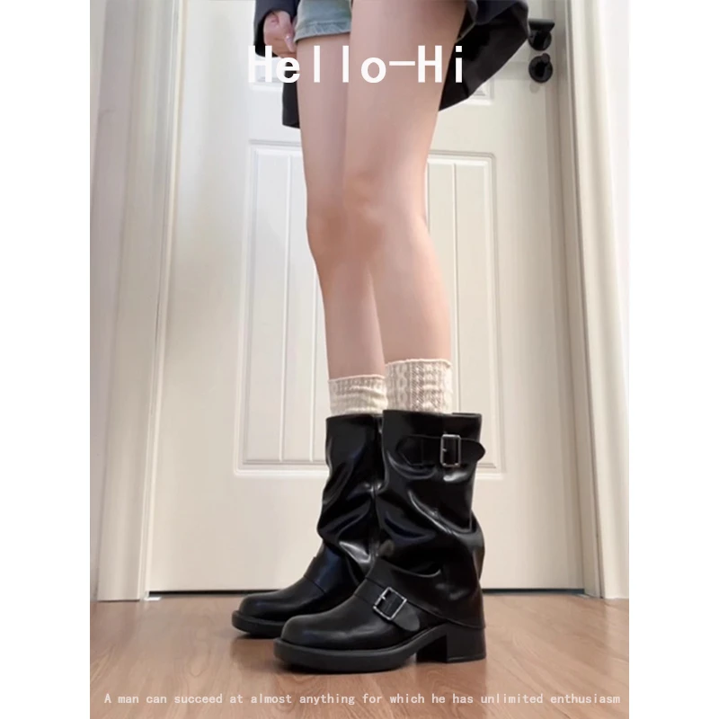 牛皮版~厚底复古西部牛仔靴女新款褶皱堆堆靴皮带中筒裤管骑士靴