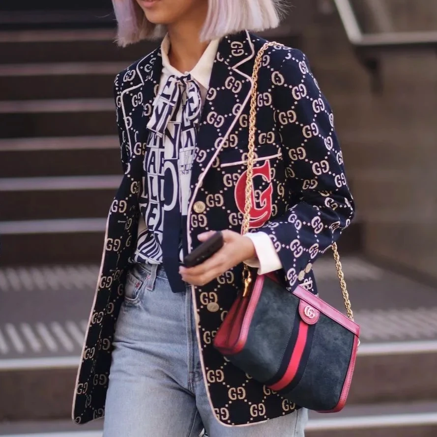 亿颗潮奢 全新未使用 古驰蓝色满印老花翻领西装外套 40码 E238