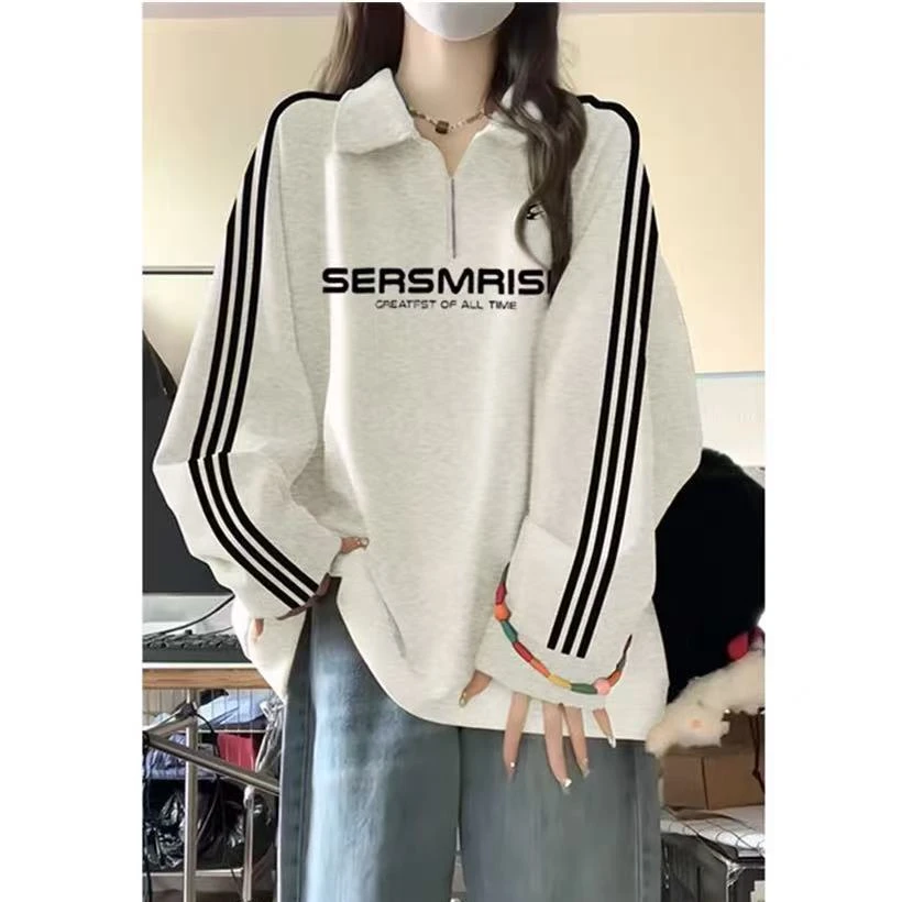 100%不起球秋冬季字母polo领卫衣女美式慵懒风韩系三条杠长袖上衣