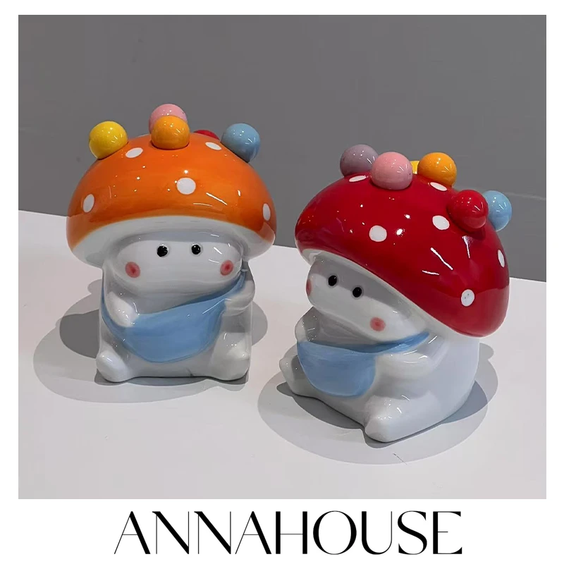 ANNAHOUSE蘑菇水果叉套装家用不锈钢甜品可爱小叉子收纳罐水果叉