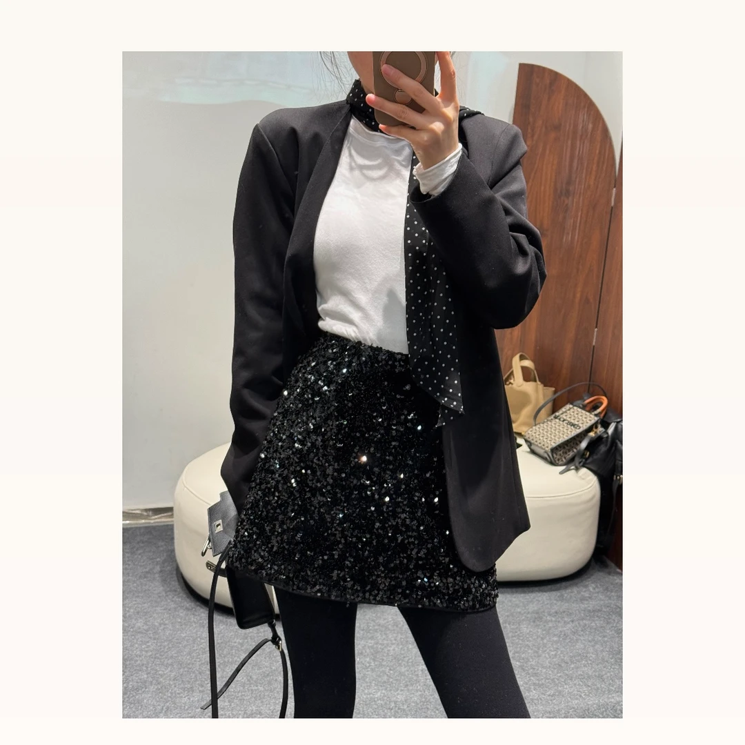 【雪儿姐姐】早春半身裙亮片短裙气质百搭A字包臀时尚高腰裙轻奢