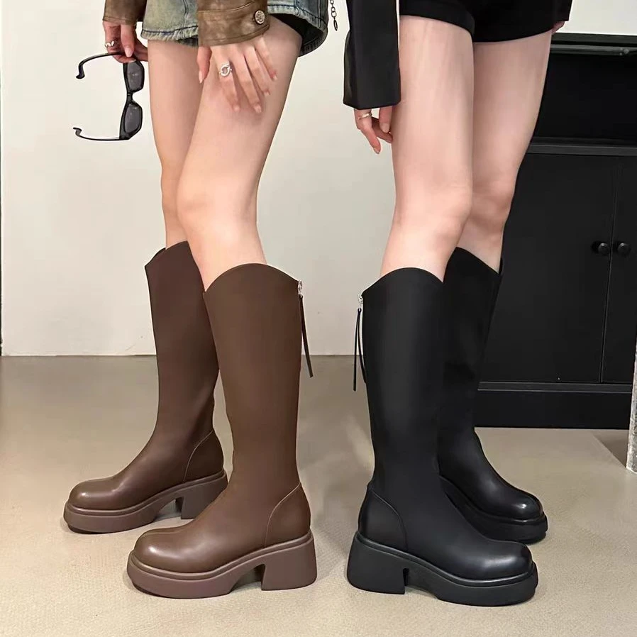 路遥时尚百搭秋冬爆款长靴粗跟女厚底小个子圆头长筒骑士靴8110-A