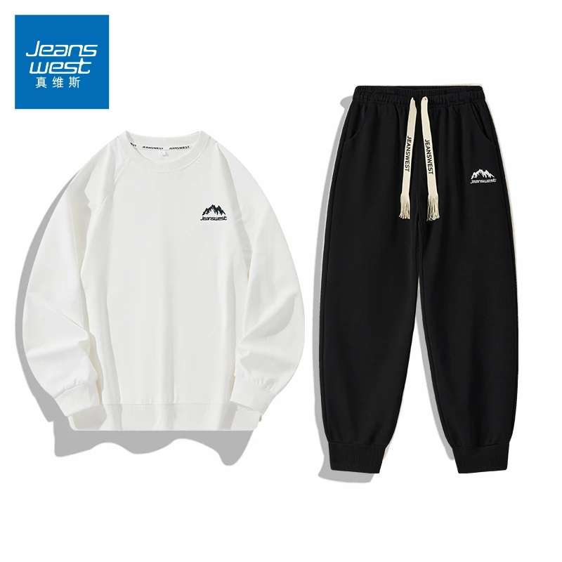Jeanswest/真维斯春秋情侣休闲运动套装宽松刺绣圆领卫衣束脚卫裤
