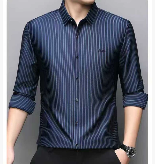 5433条纹克莱因蓝亲肤绒衬衫冬季长袖中年男士商务休闲保暖时尚