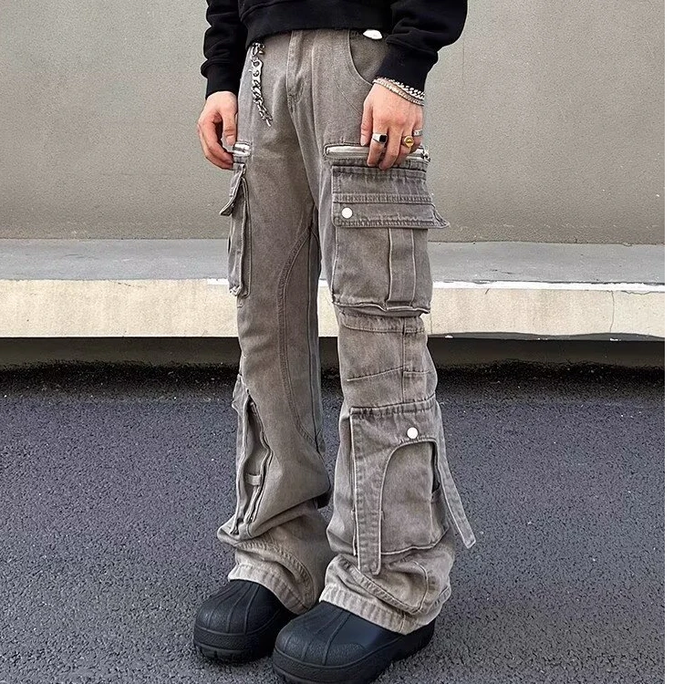 大码美式复古多口袋工装裤秋季新款慵懒风街头拖地牛仔裤