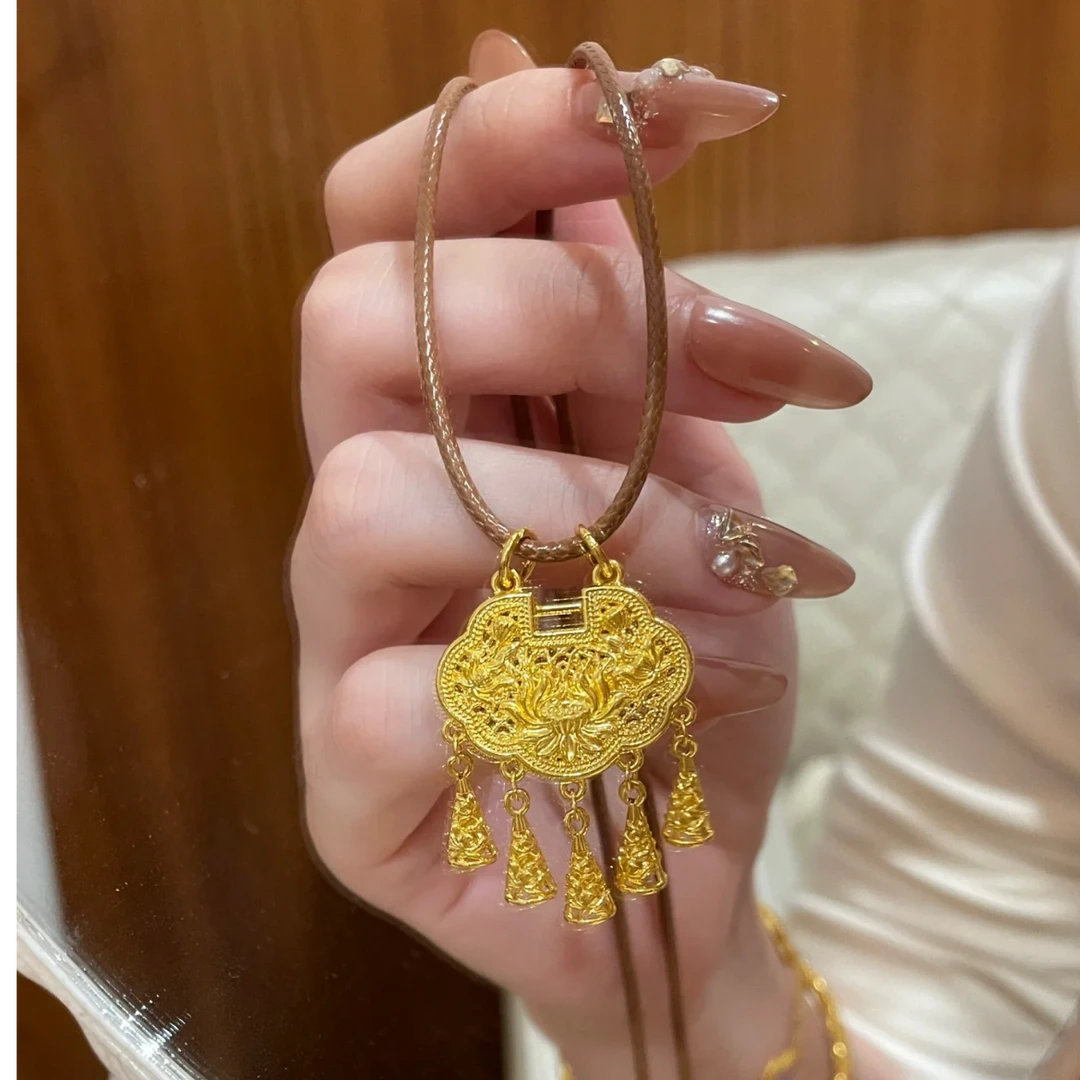 铜合金项链 新中式莲花如意流苏锁项坠项链时尚国风编织锁骨链