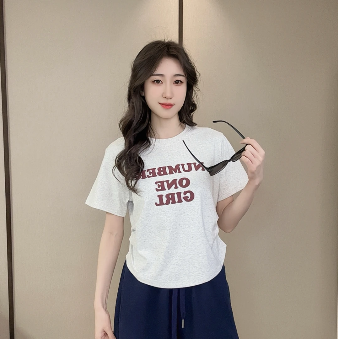 印花三排字母捏褶收腰短袖T恤显瘦时尚休闲百搭夏季宽松圆领短款