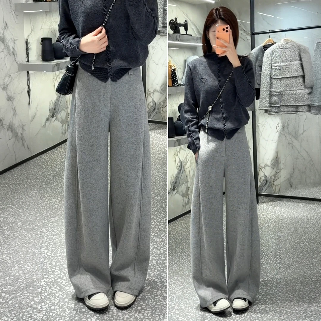迷雾灰羊毛休闲裤女2025秋冬新款高腰显瘦宽松垂顺加厚保暖弯刀裤
