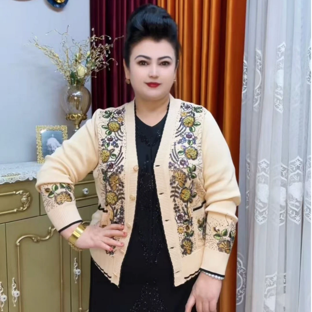 V领植物花卉短外套盘扣春季中老年女装休闲民族风