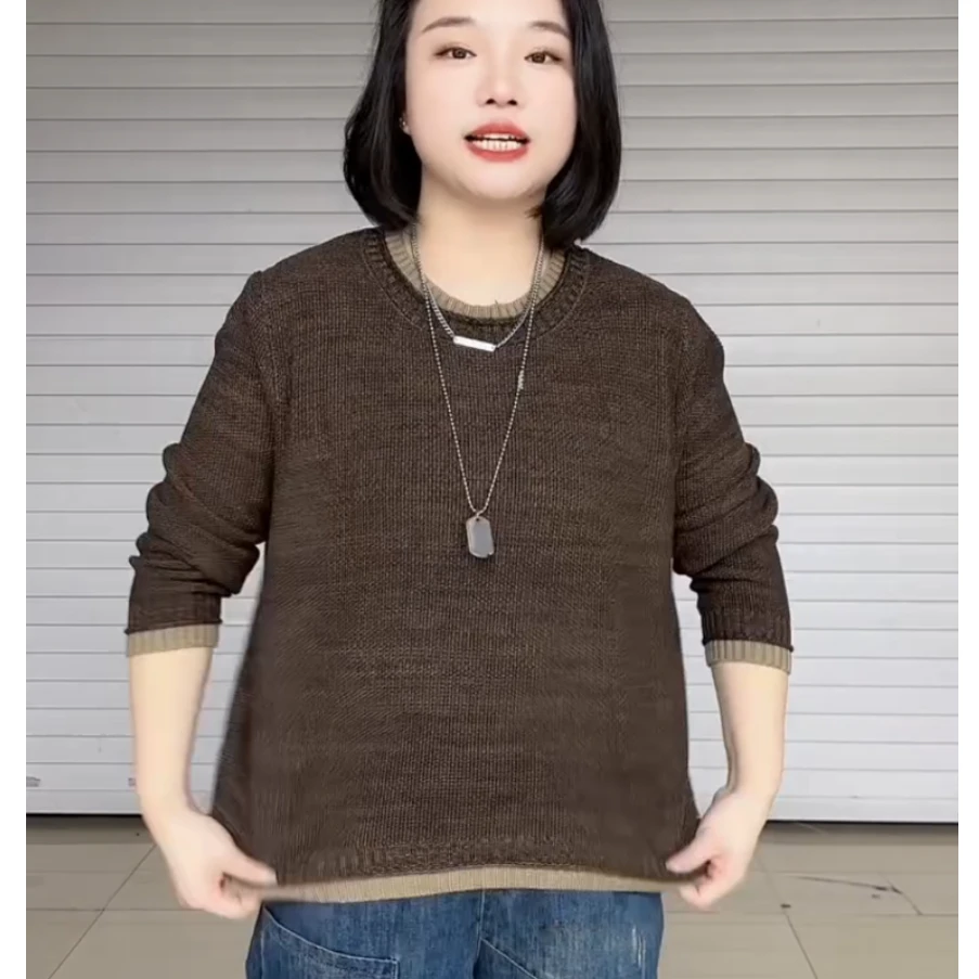 2025新款秋冬保暖圆领针织衫时尚休闲百搭宽松打底衫毛衣女套头潮