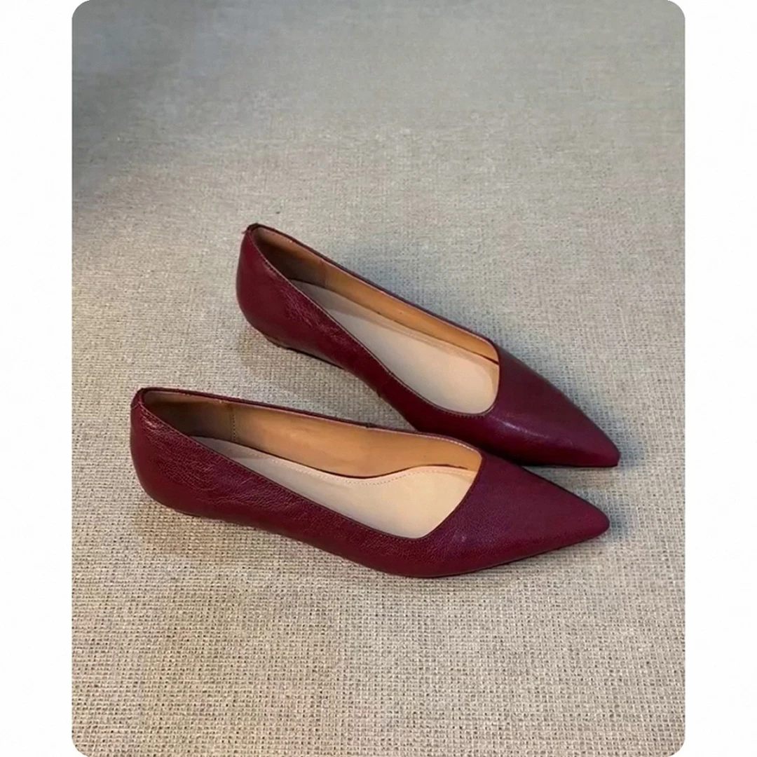 羊皮版~尖头法式单鞋女绝美不累脚小坡跟职场红色鞋子平底浅口鞋