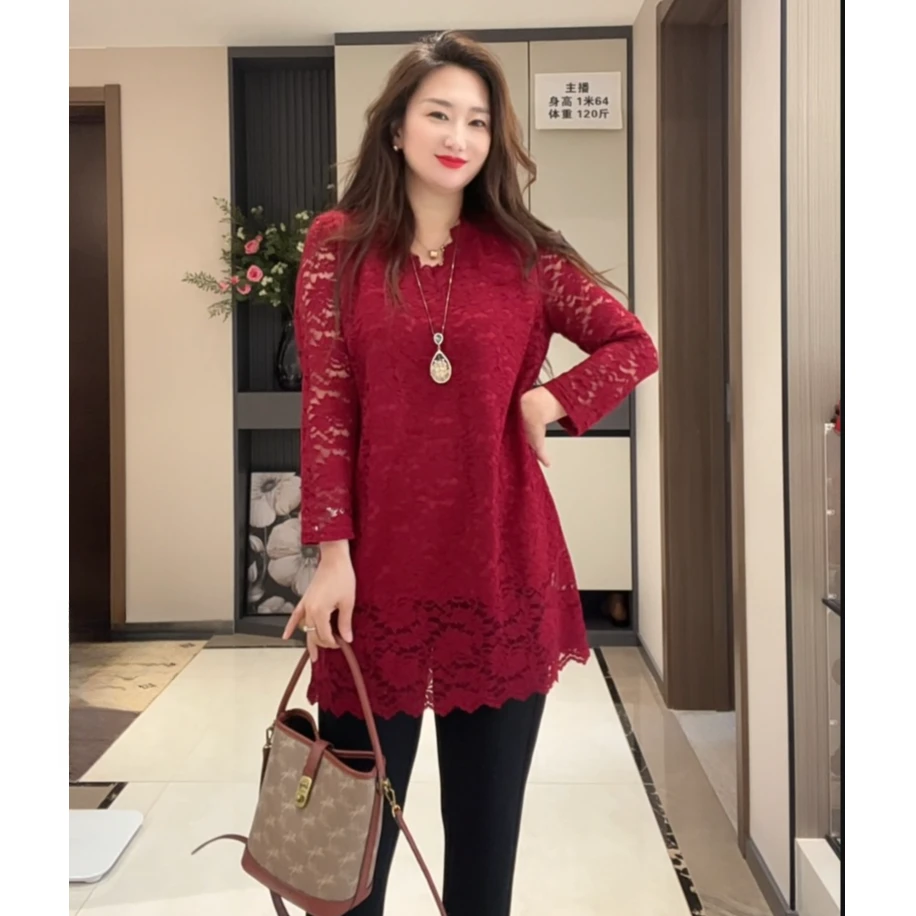 7222新款时尚V领百搭蕾丝中长款上衣