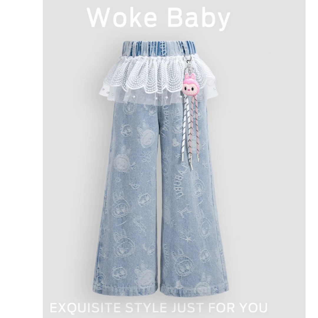女短裤牛仔裤长裤重工裤子童装高腰B类时尚中腰儿童蕾丝女童百搭