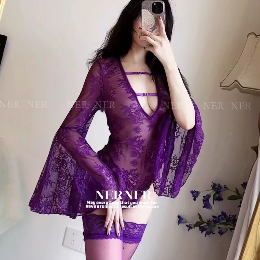 性感蕾丝连体衣纯欲喇叭袖蕾丝睡衣深V镂空吊带睡裙御姐夏季显瘦