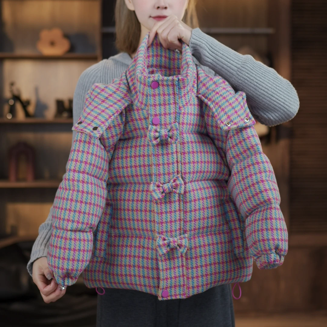 2024冬季新款女童蝴蝶结彩色条纹棉服中大童洋气时尚连帽棉袄外套