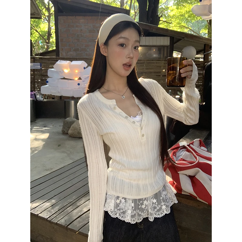 【茉莉花针织衫】春夏显瘦长袖法式收腰柔软纯欲白色针织衫CY9310