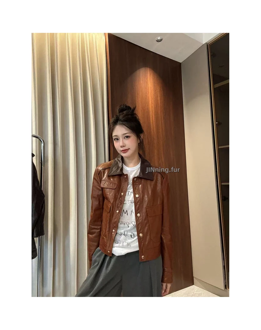 [JINning.Fur]秋季新款油蜡皮绵羊皮休闲百搭皮夹克外套