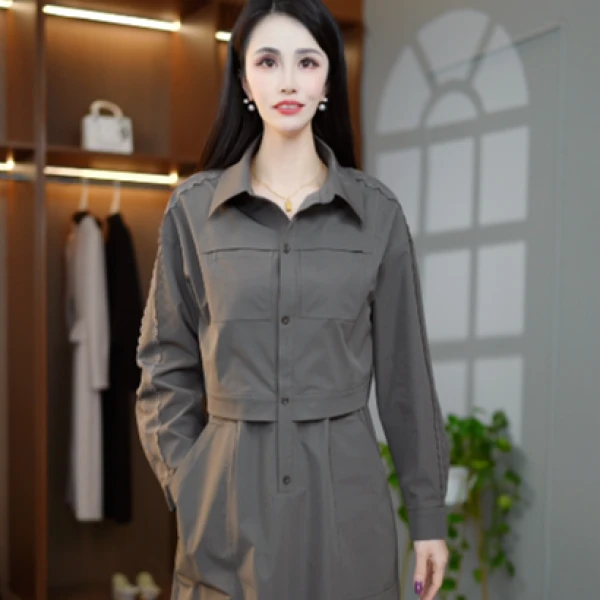 新款减龄显瘦工装风气质假两件蕾丝拼接女装中长款连衣裙M-4XL